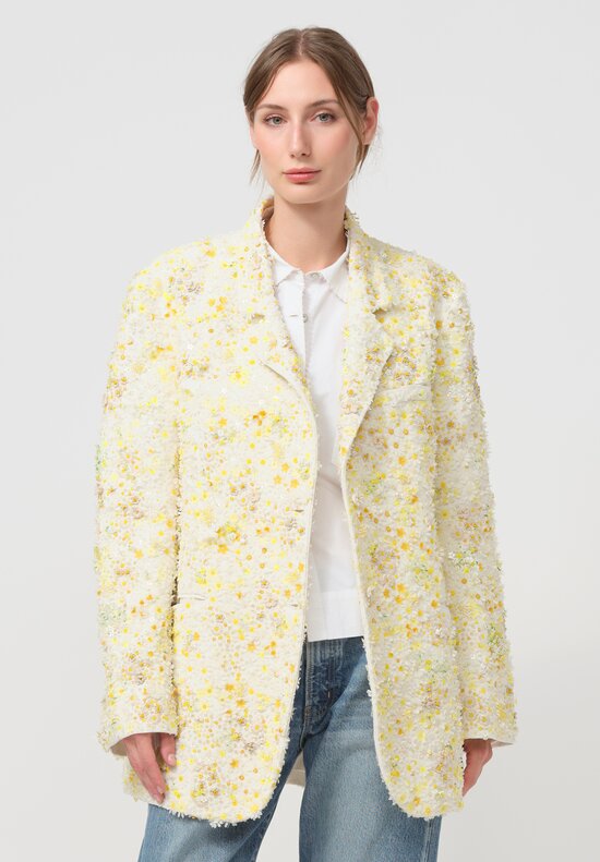 Péro Linen Hand Beaded and Embroidered Flower Jacket in Ivory White and Yellow	