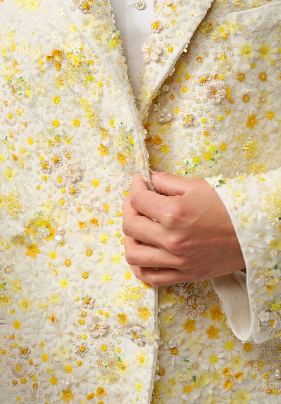 Péro Linen Hand Beaded & Embroidered Flower Jacket in Ivory & Yellow