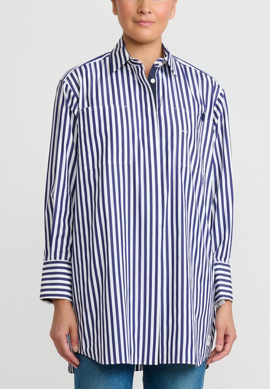 Sacai Thomas Mason Cotton Poplin Shirt in Thick Navy Stripes	