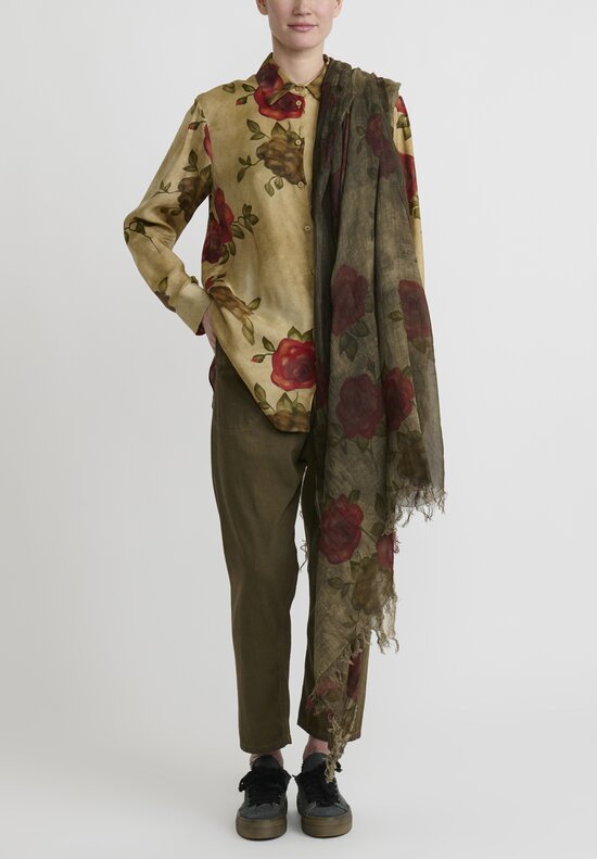 Uma Wang Cotton Rose Scarf in Army Green & Red	