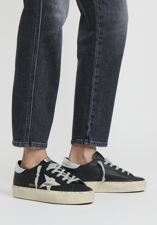Golden Goose Leather Hi Star Sneaker with Silver Star in Black	