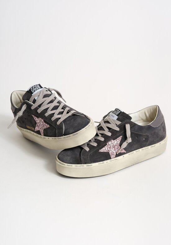 Golden Goose Hi Star Suede Sneaker in Asphalt Grey & Glitter Pink Star	