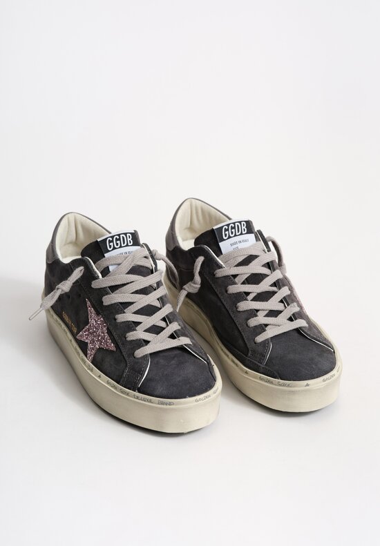 Golden Goose Hi Star Suede Sneaker in Asphalt Grey & Glitter Pink Star	
