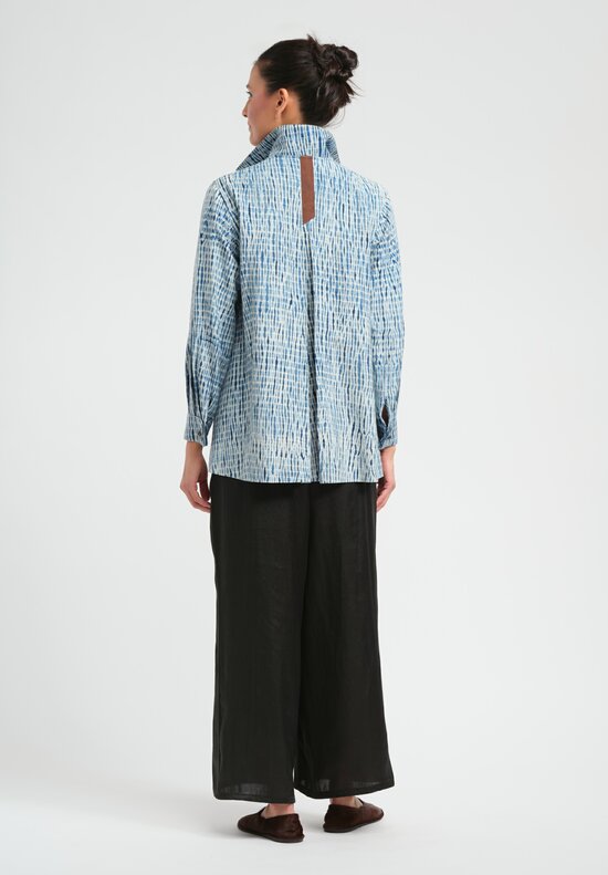 Sophie Hong Raw Silk Long Sleeve Shibori Shirt in Indigo Blue