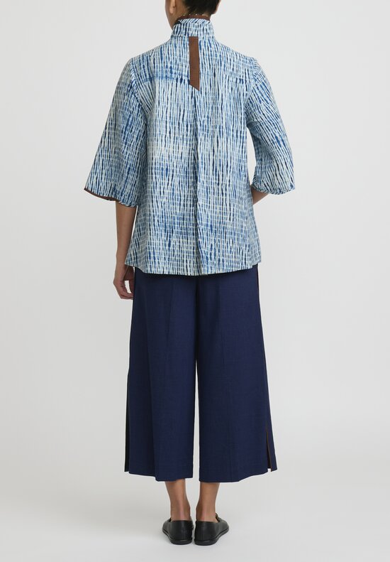 Sophie Hong Raw Silk Short Shibori Shirt in Indigo Blue