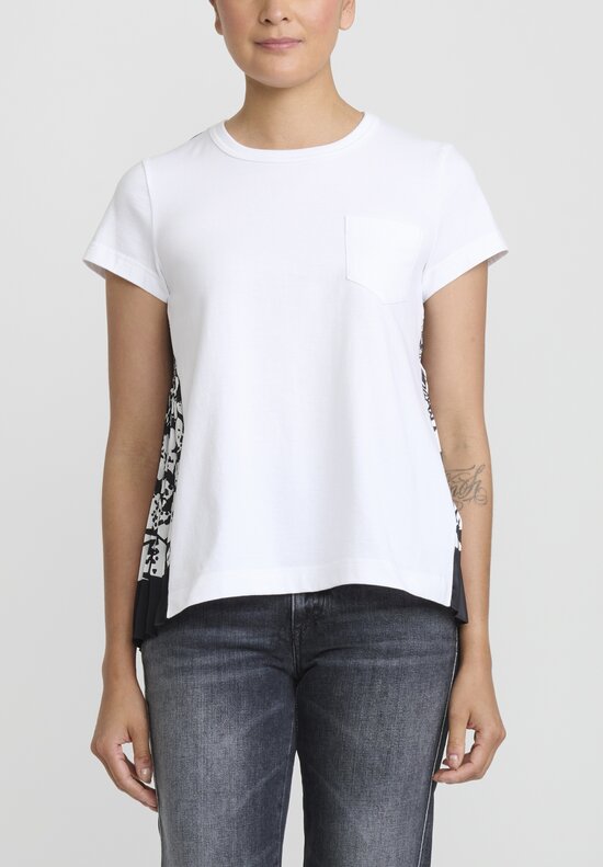 Sacai Floral Pleated Back Cotton T-Shirt in Black and White