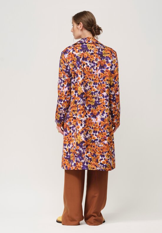 Dries Van Noten Silk Abstract Floral Rolta Coat in Orange & Purple Multicolor