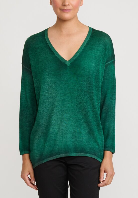 Avant Toi Cashmere & Silk Hand Painted Maglia V-Neck Sweater in Nero, Smeraldo Green