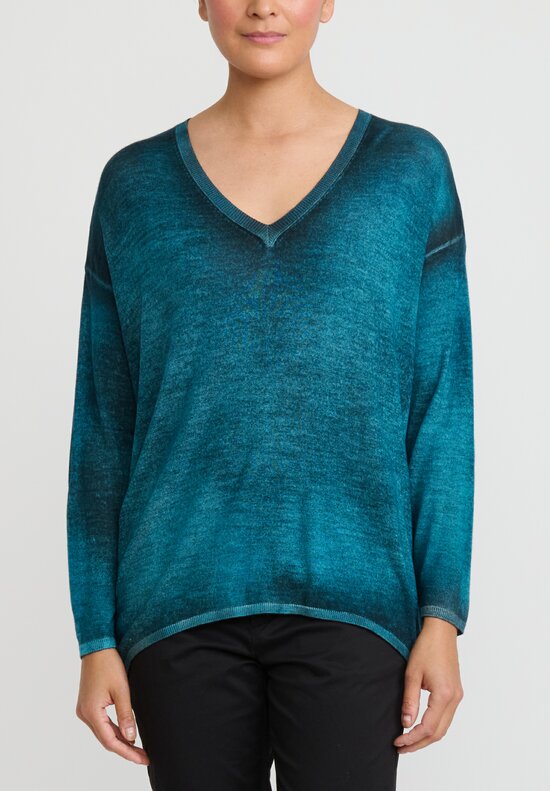 Avant Toi Cashmere & Silk Hand Painted Maglia V-Neck Sweater in Nero Curacao Blue