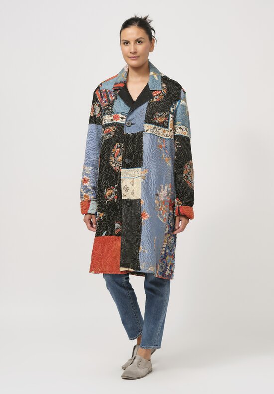 By Walid Antique Embroidered Chinese Silk Rufus Coat in Celeste Blue & Black	
