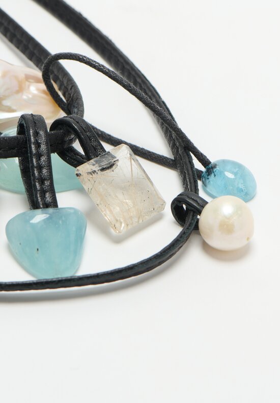 Monies Baroque Pearl, Aquamarine, Rutilated Quartz and Leather 3-Strand Necklace	