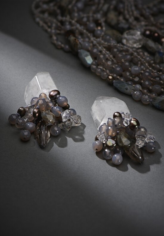 Monies Mountain Crystal, Diamond Quartz, Pearl, Labradorite and Topaz Earrings Grey	