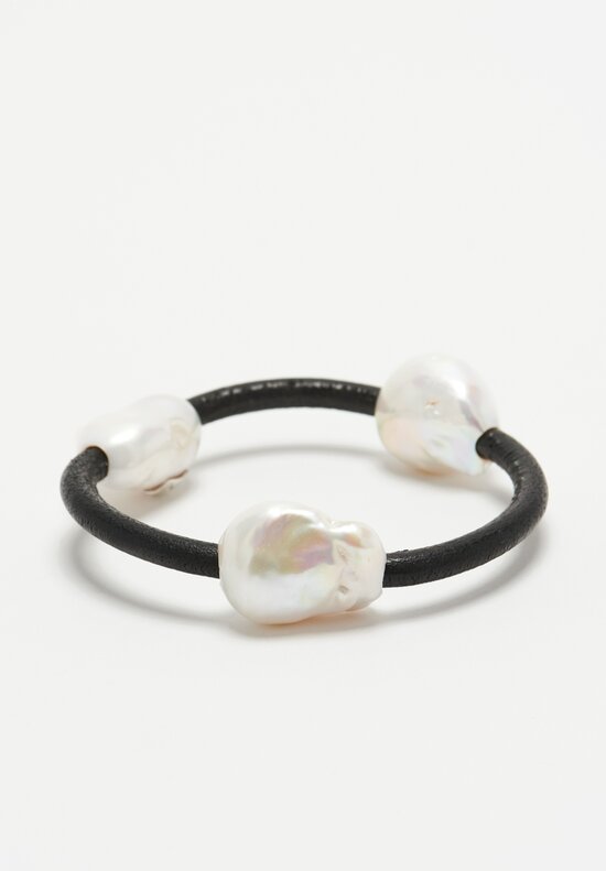 Monies Baroque Pearl and Leather Bangle Bracelet White	