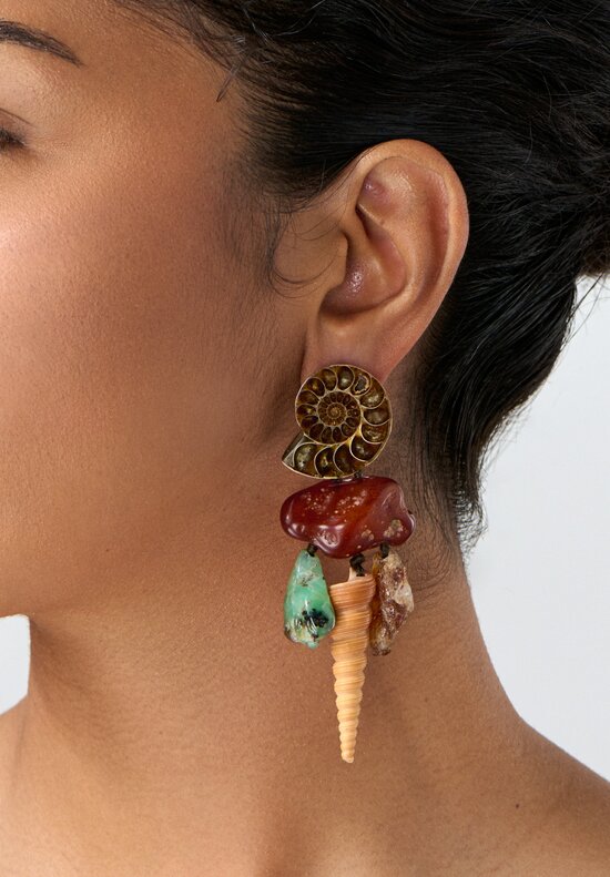Monies Silver, Ammonite, Sard, Chrysophase, Citrine and Shell Clip Earrings 3.75 in	