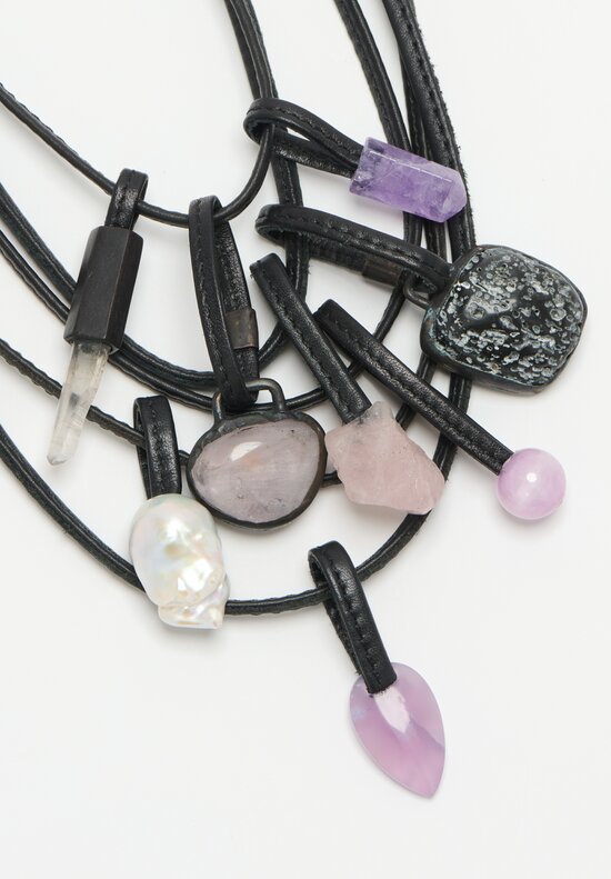 Monies 5 Strand Amethyst, Baroque Pearl, Ebony and Leather Necklace 12 in	
