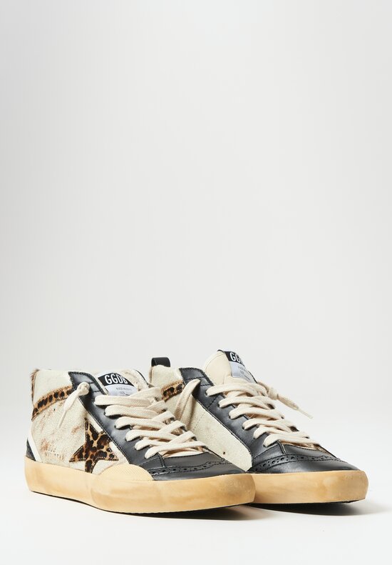 Golden Goose Leather & Cheetah Mid Star Classic Sneakers in Black, White & Cheetah	