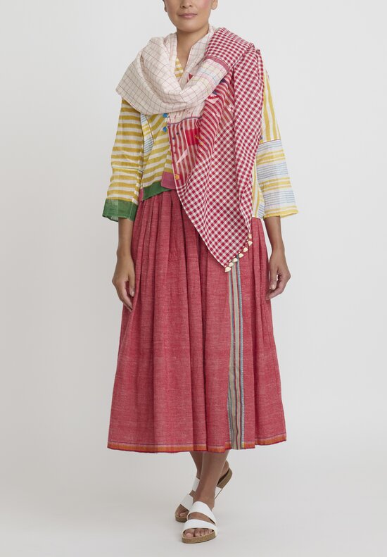 Injiri Cotton Gingham & Embroidered Scarf in Red & White	