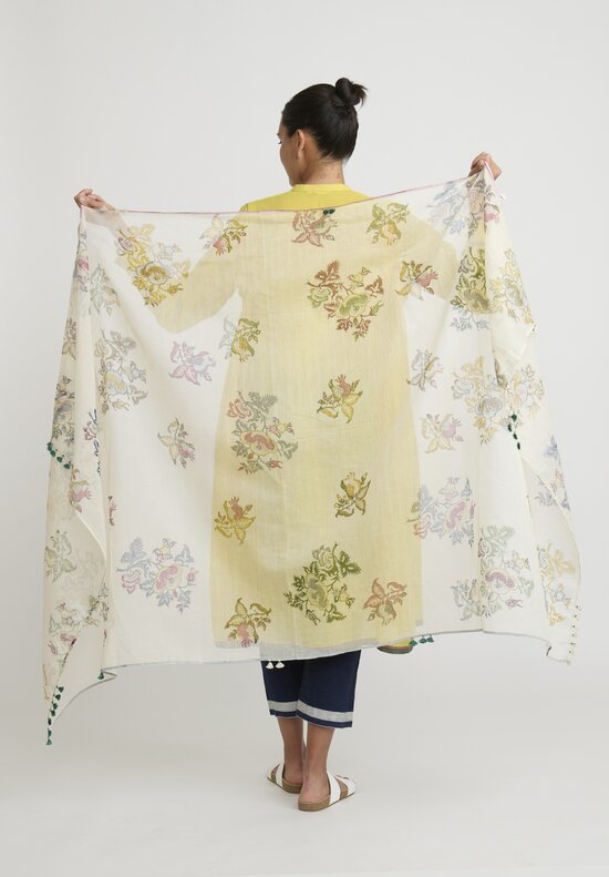 Injiri Silk and Cotton Botanical Scarf in Ivory Multicolor	