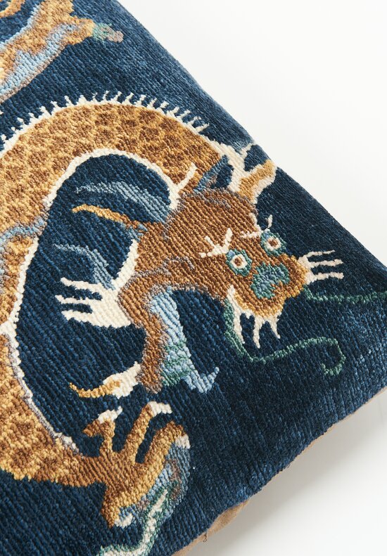 Tibet Home Bamboo Silk Hand Knotted Square Pillow Dragon Gold & Blue	
