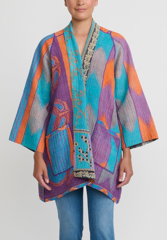 Mieko Mintz 4-Layer Vintage Cotton Kantha A-Line Jacket in Turquoise, Purple & Orange	