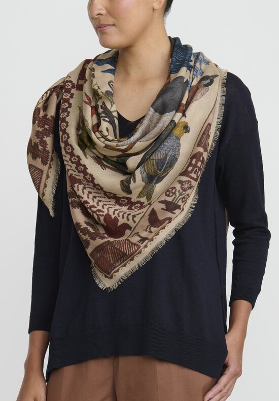 Sabina Savage Cashmere The Birds of Innocence Scarf in Eggshell White & Calico	