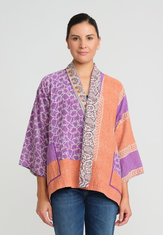 Mieko Mintz 2-Layer Vintage Cotton Kantha Kimono Jacket in Orange & Purple