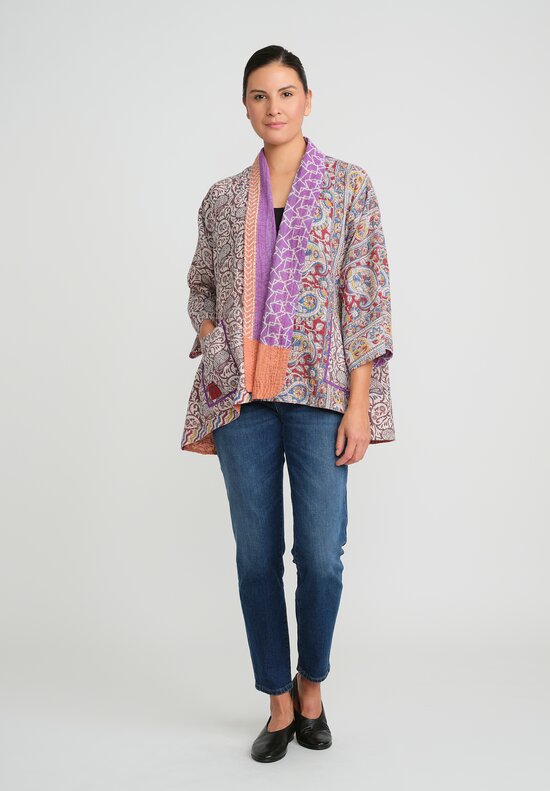 Mieko Mintz 2-Layer Vintage Cotton Kantha Kimono Jacket in Orange & Purple