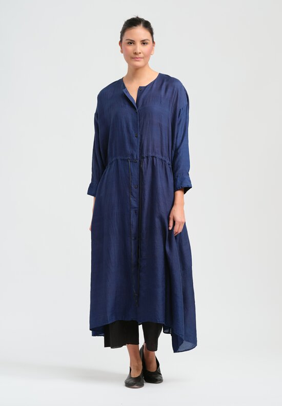 Kaval Khadi Silk Front Button Open Dress in Indigo Blue	