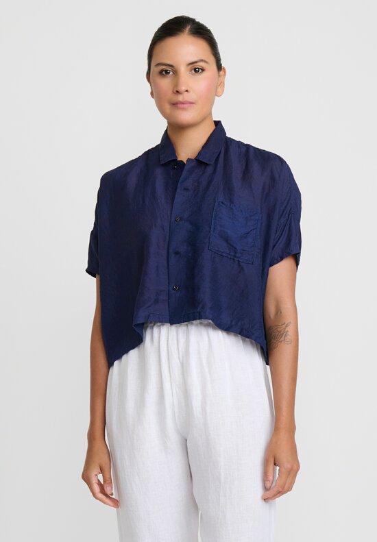Kaval Khadi Silk Aloha Short Shirt in Indigo Blue
