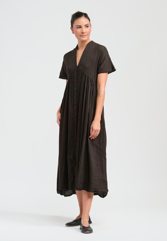 Kaval Narrow Silk and Linen Fly Front Gather Dress in Black	
