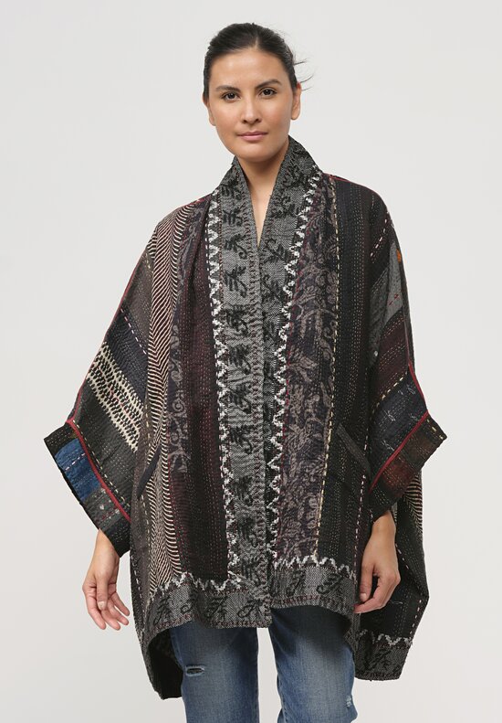 Mieko Mintz Vintage Cotton & Silk Kantha Double Collar Poncho in Stripe Rallis Black	