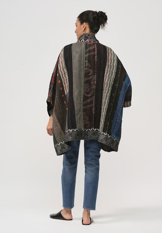 Mieko Mintz Vintage Cotton & Silk Kantha Double Collar Poncho in Stripe Rallis Black	