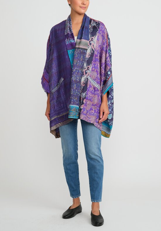 Mieko Mintz 2-Layer Vintage Silk Double Collar Poncho in Purple & Turquoise Blue	