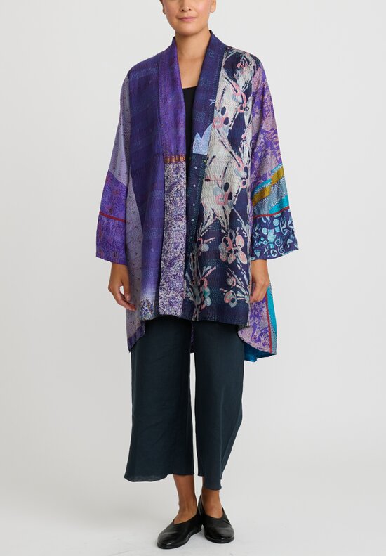 Mieko Mintz 2-Layer Vintage Silk Kantha Long Kimono Jacket in Purple, Off White