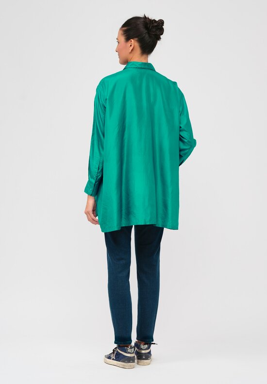 Péro Silk Woven Button Down Shirt in Turquoise	