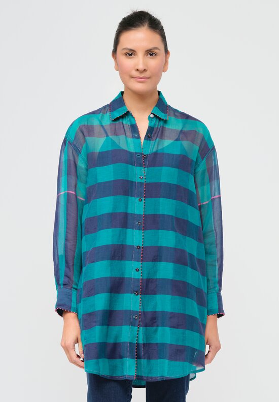 Péro Lightweight Wool Gingham Shirt in Green & Blue	