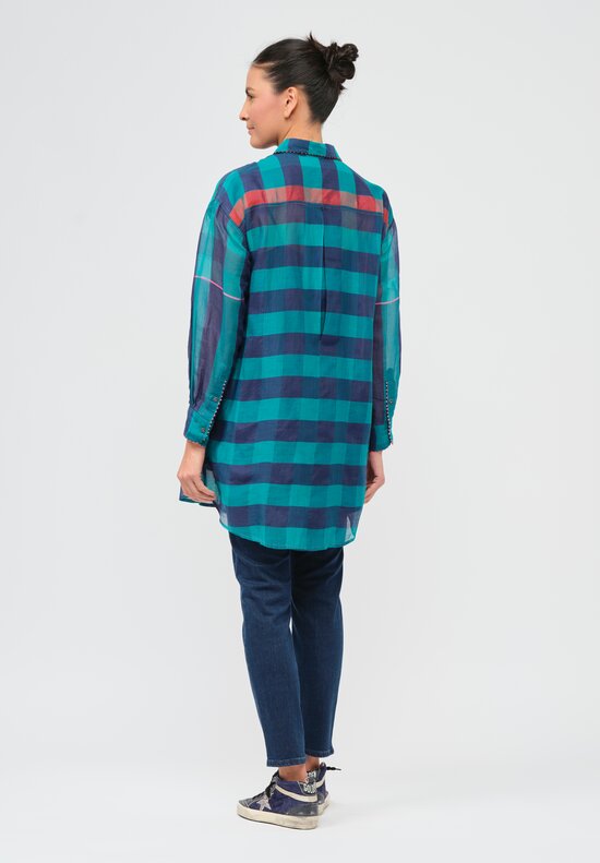 Péro Lightweight Wool Gingham Shirt in Green & Blue	