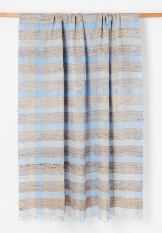 Neeru Kumar Handloomed Wool & Silk Throw with Fringe Natural, Sky Blue	