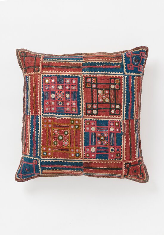 Antique and Vintage Mirrored Banjara Textile Pillow in Blue, Red & Off White	