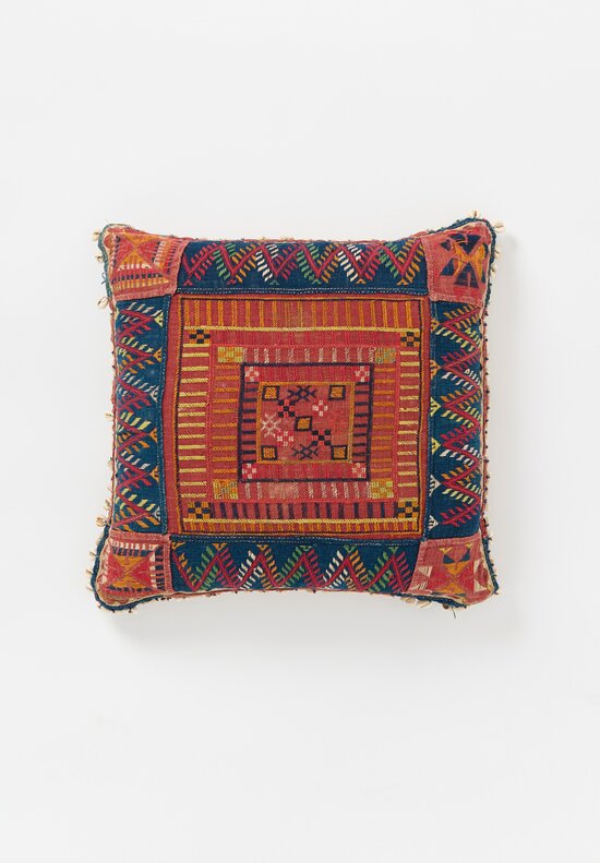 Vintage Banjara Textile Pillow with Cowrie Shells in Red & Blue Multi	