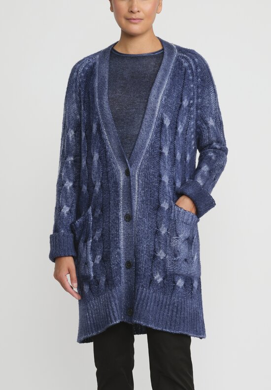 Avant Toi Hand-Painted Cashmere & Silk Cable Knit Cardigan in Midnight Blue