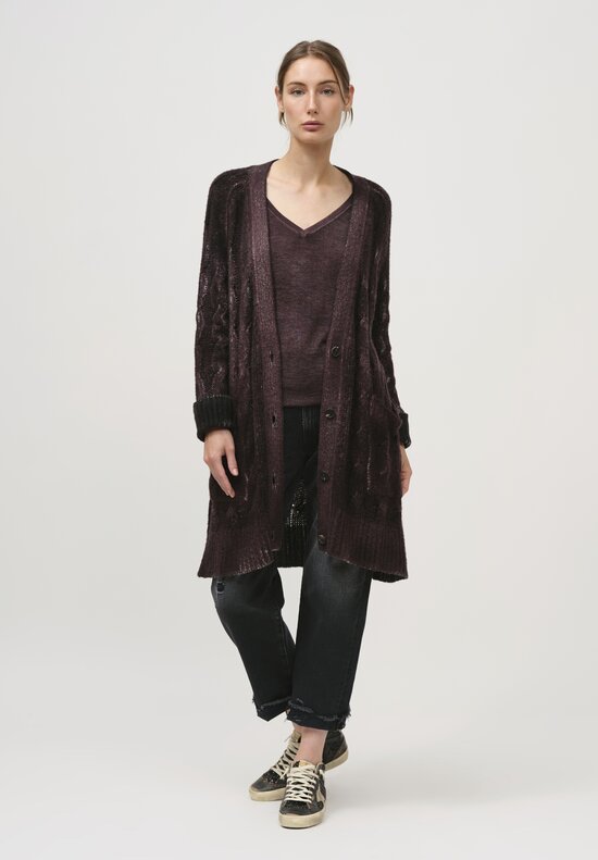 Avant Toi Hand-Painted Cashmere & Silk Cable Knit Cardigan in Seppia Purple	