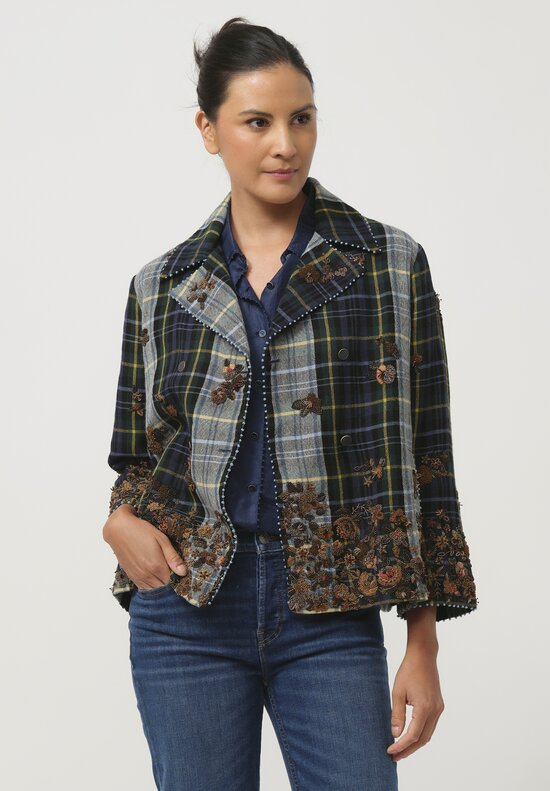 Pero Wool Embroidered Fall Flower Jacket with Couching in Blue Plaid