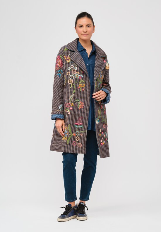 Péro Floral Embroidered Wool Double Breasted Coat in Brown Check	