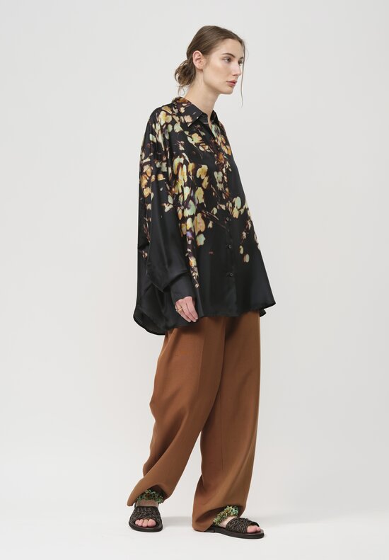 Dries Van Noten Silk Bleached Floral Casia Shirt in Petrol Black