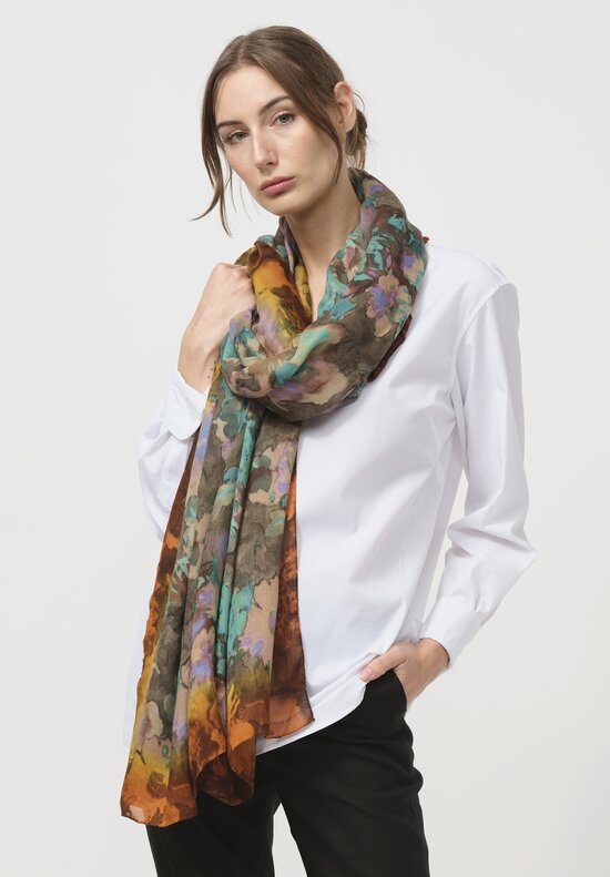 Dries Van Noten Abstract Fern Floral Scarf in Turquoise Blue Multi	