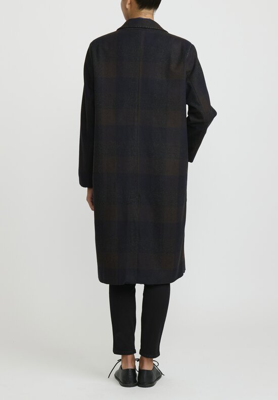 Umit Unal Hand-Stitched Double Breasted Wool Coat in Brown & Black Check	