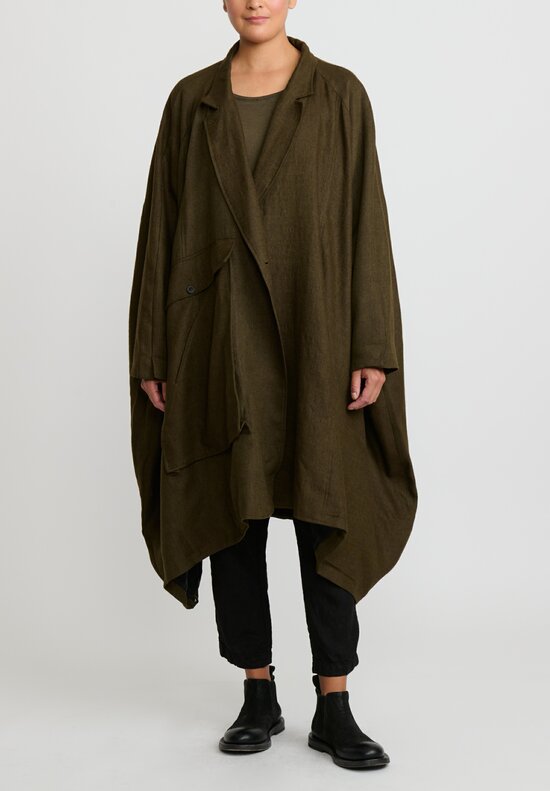 Rundholz Dip Wool and Linen Square Coat in Khaki Green