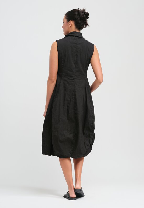 Rundholz Dip Cotton Ruched Neck, Button Front Tulip Dress in Black	