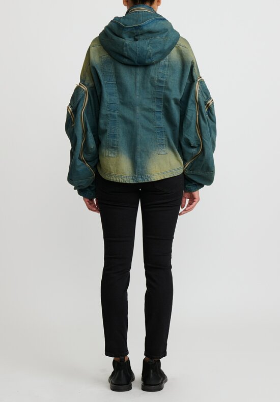 Rundholz Dip Cotton Distressed Denim Jacket with Exaggerated Zipper Sleeves in Schilf Blue
